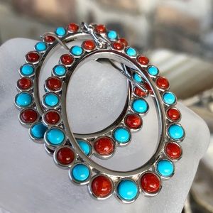 Pangea Mines Turquoise & Coral Hoop Earrings 2”